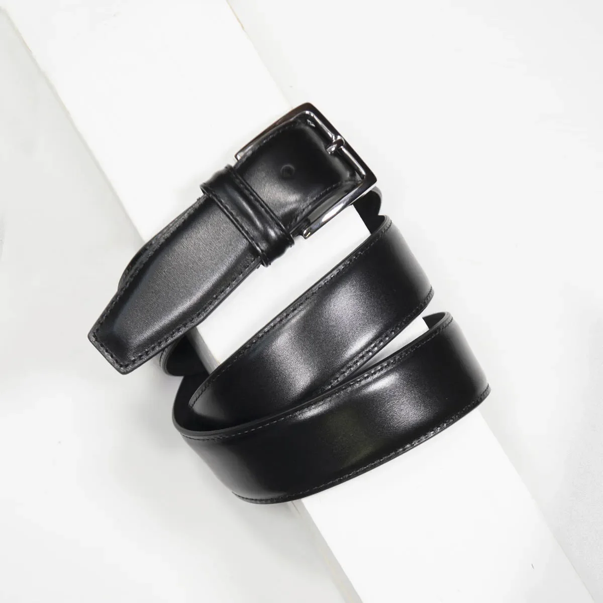 Classic Stitched Leather Belt Black 3,5 cm - Image 3