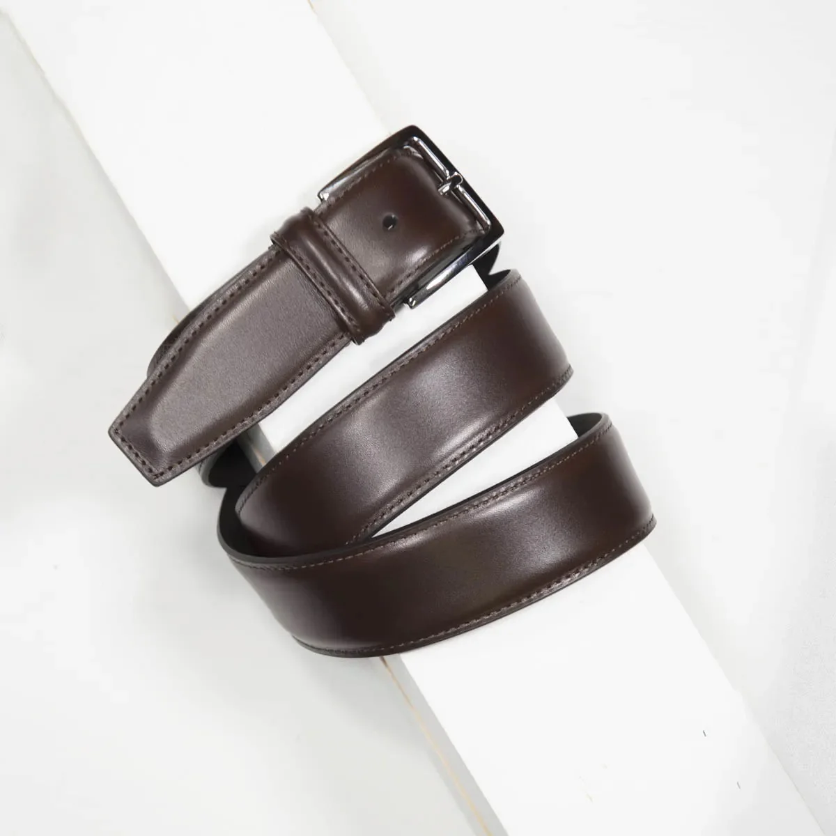 Classic Stitched Leather Belt Dark Brown 3,5 cm - Image 3