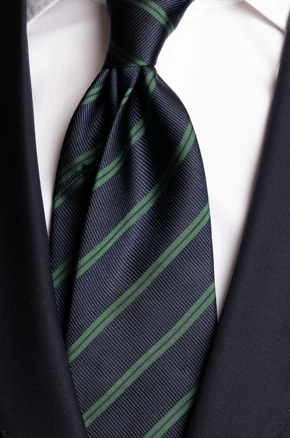 Silk Woven Tie Navy/Green Stripe - Image 2